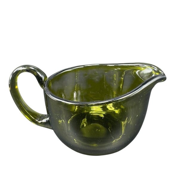 Hand Blown Dark Green Art Glass Pitcher Jug With Handle Hand Made Glassware VTG - Picture 1 of 13